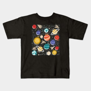 Paper space adventure II // illo // black background multicoloured solar system paper cut planets origami paper spaceships and rockets Kids T-Shirt